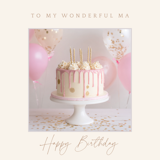 “To My Wonderful Ma, Happy Birthday”. A pretty birthday card for a wonderful Ma, featuring a white cake with pink and gold decorations surrounded by balloons and confetti. Perfect for celebrating her special day.