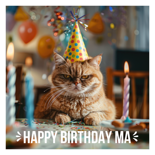 The design: grumpy ginger party cat stares straight at the camera, surrounded by party decor. Text reads: Happy birthday Ma.