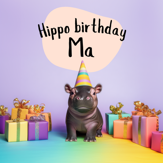 The design: Baby hippo at rainbow party.  Text reads: Hippo birthday Ma