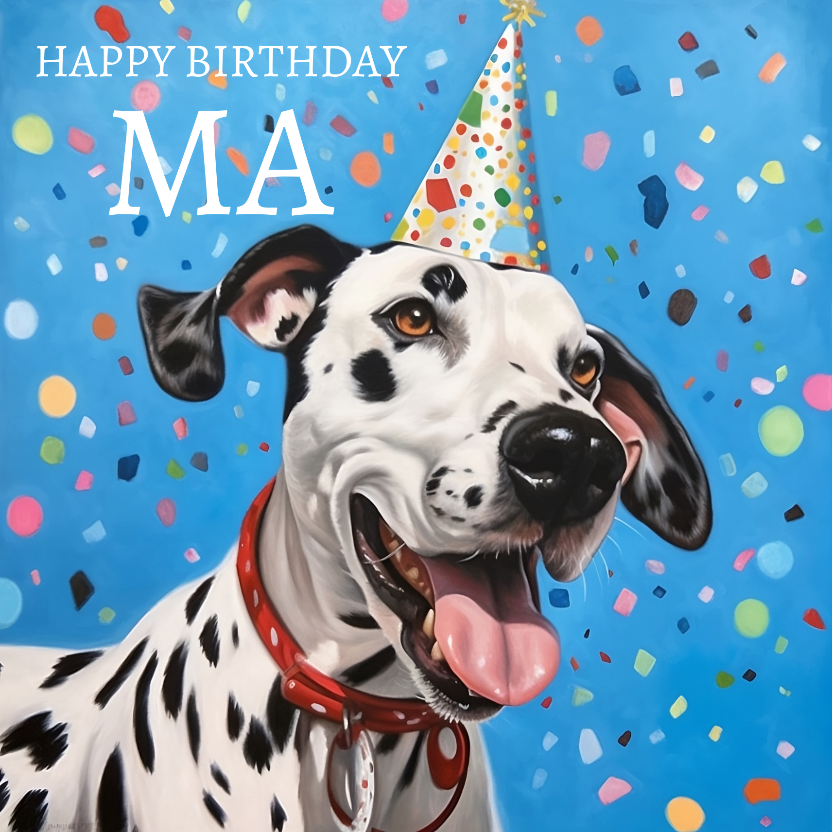 The design: Dalmation dog in a party hat and explosion of colourful confetti. Text reads: "Happy birthday Ma".