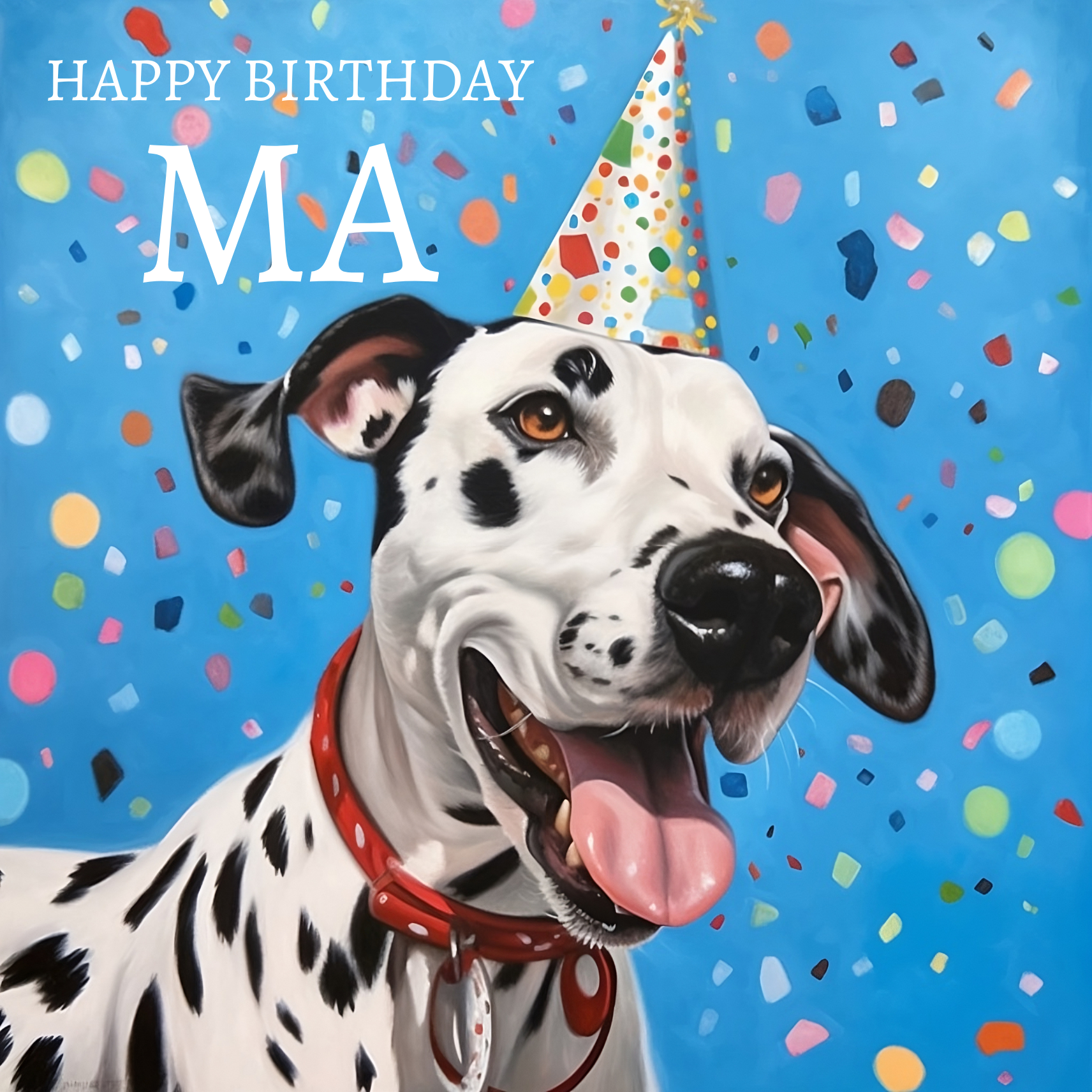 The design: dalmation dog in a party hat and explosion of colourful confetti. Text reads: "Happy birthday Ma".