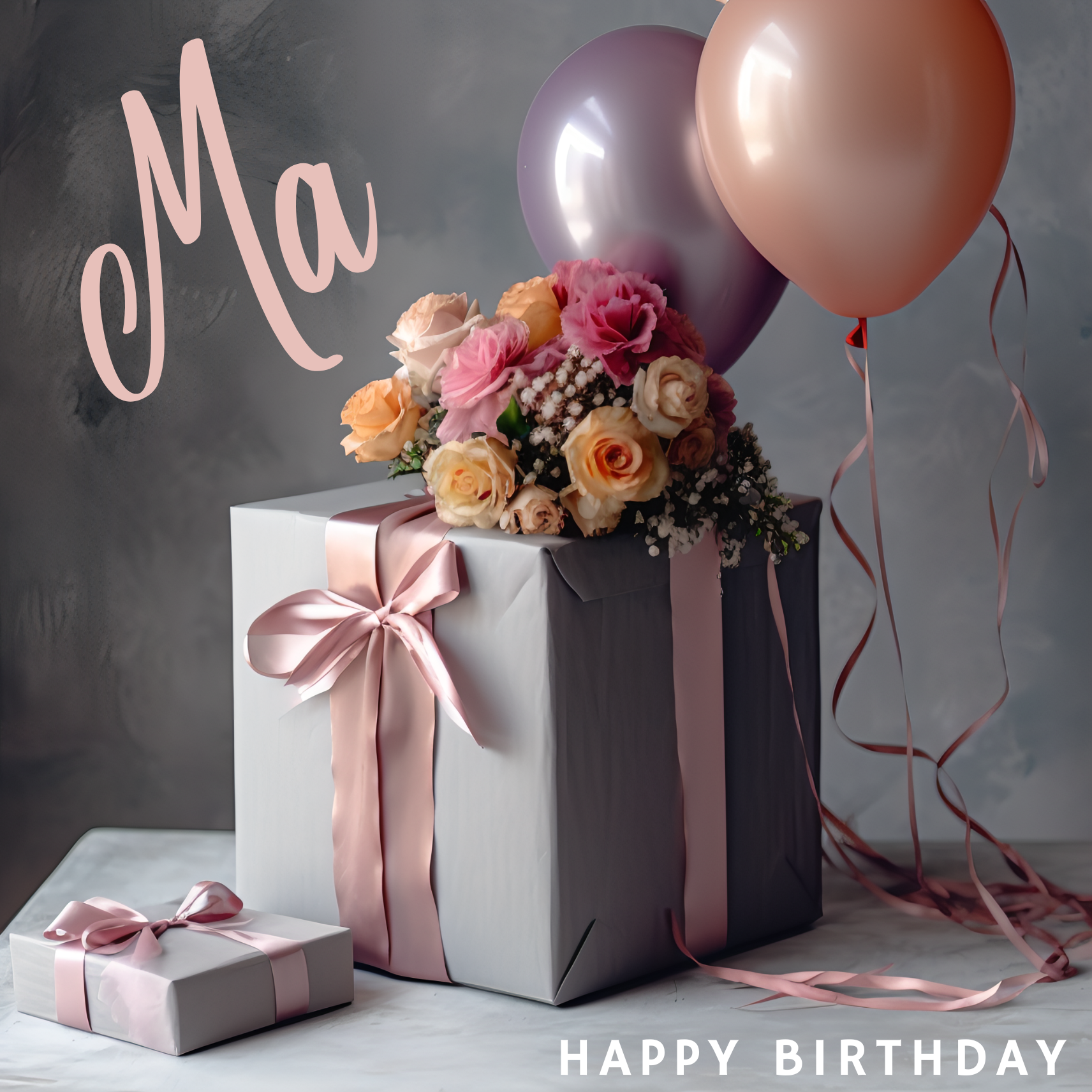 The design: a colourful flower bouquet resting on a gift wrapped in silver and pink for Mom. Text reads: "Mum, happy birthday"