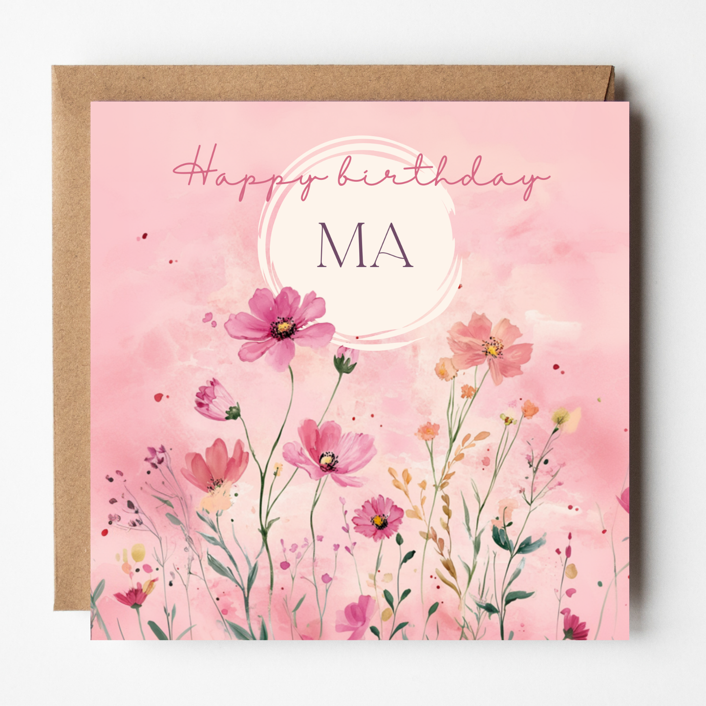 A mockup of the Twilight Wildflowers card for Ma, shown with brown Kraft envelope.