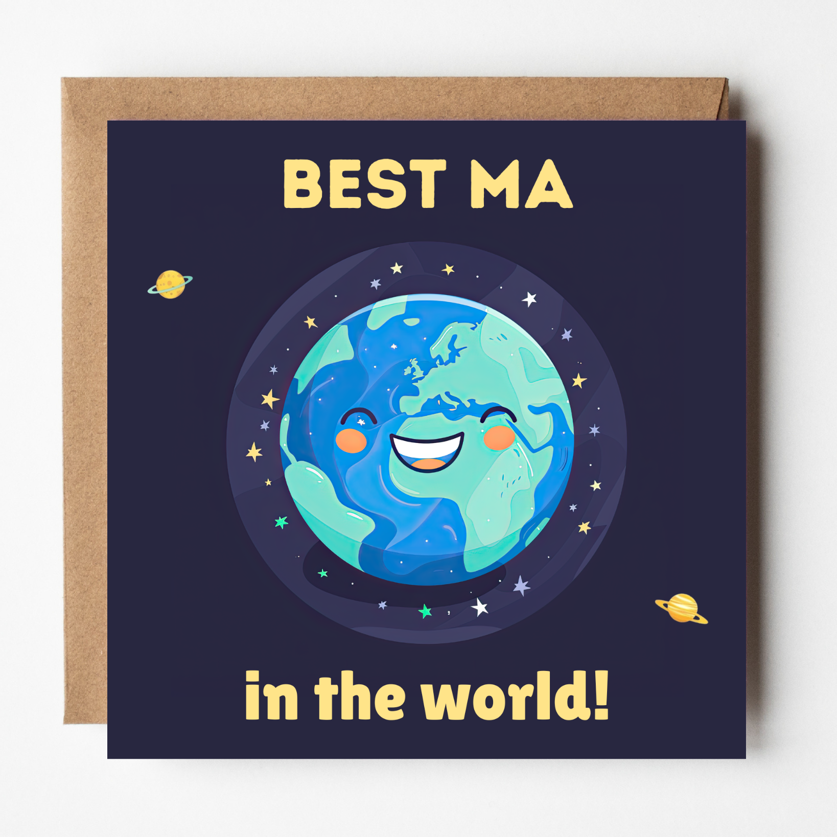 Greeting card with a cute cartoon Earth character and 'Best Ma in the world!' text on a dark blue background.
