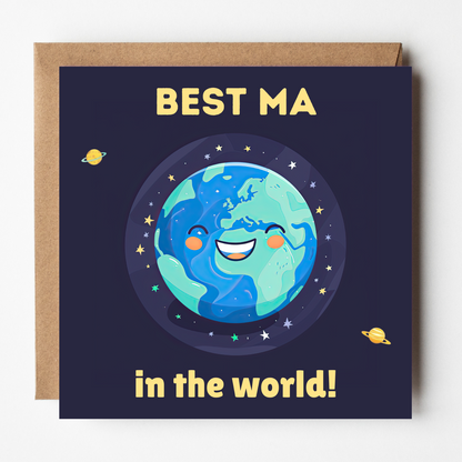 Greeting card with a cute cartoon Earth character and 'Best Ma in the world!' text on a dark blue background.