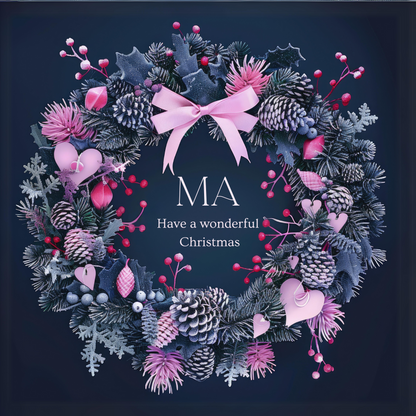 The design: A frosty wreath of winter foliage and pink hearts on midnight blue. Text reads: Ma have a wonderful Christmas.