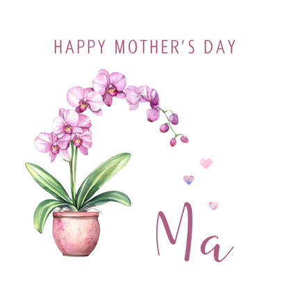 The design: handpainted orchid drops heart-shaped watercolour petals. Text reads: "Happy Mother's Day Ma"