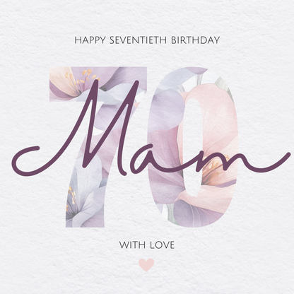 The design: Number 70 made from watercolour flowers in pink and lilac. Text reads: "HAPPY SEVENTIETH BIRTHDAY MAM, WITH LOVE"