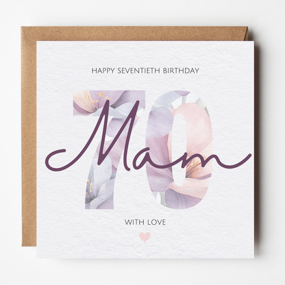 Mam 70th Birthday Card - Watercolour Flowers