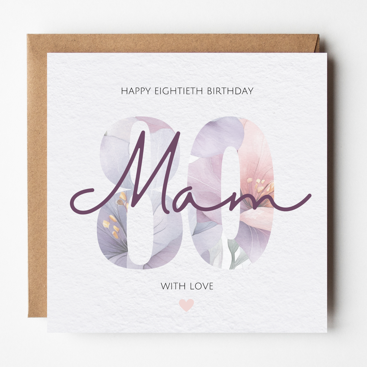 The card design: a large number 80 filled with a watercolour flower pattern. Text reads: 'Happy Eightieth Birthday Mam, With Love'.