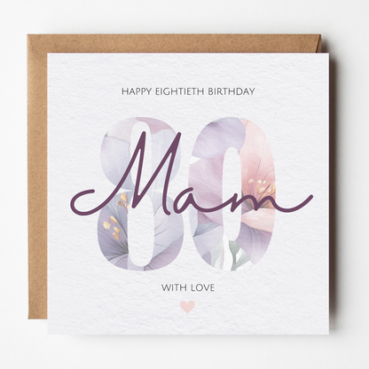 The card design: a large number 80 filled with a watercolour flower pattern. Text reads: 'Happy Eightieth Birthday Mam, With Love'.