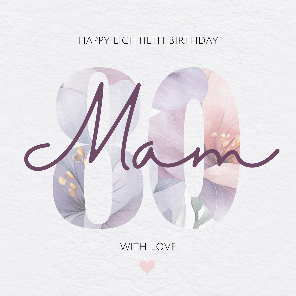 The card design: a large number 80 filled with a watercolour flower pattern. Text reads: 'Happy Eightieth Birthday Mam, With Love'.