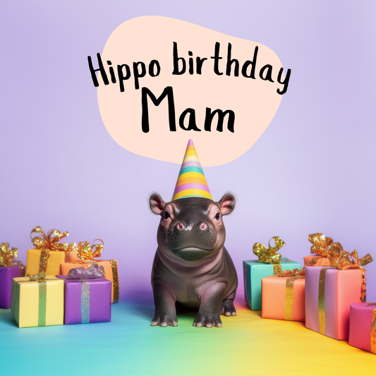 The design: Baby hippo at rainbow party.  Text reads: Hippo birthday Mam