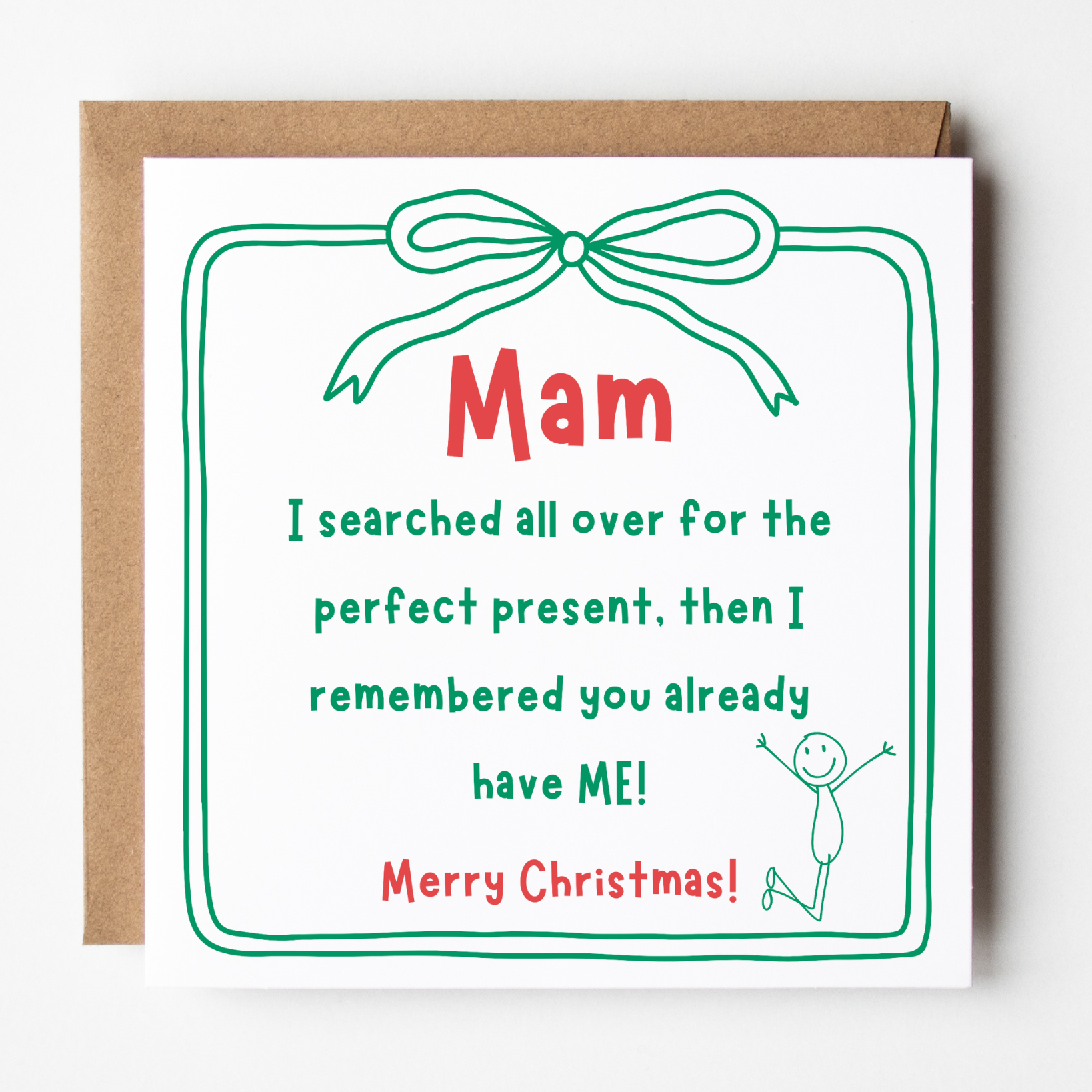 A mockup of the Perfect Present Christmas card, shown with brown Kraft envelope.
