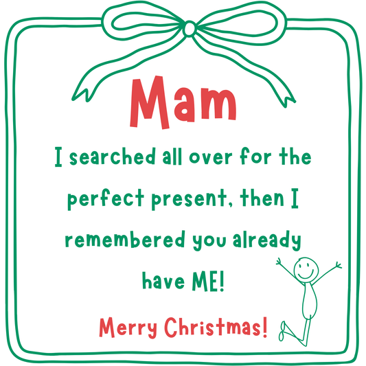 The card design: red & green writing says "Mam I searched all over for the perfect present then I remembered you have ME!"