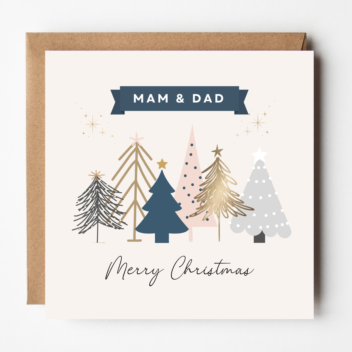 A mockup of the Christmas Grove card for Mam & Dad, shown with brown Kraft envelope.