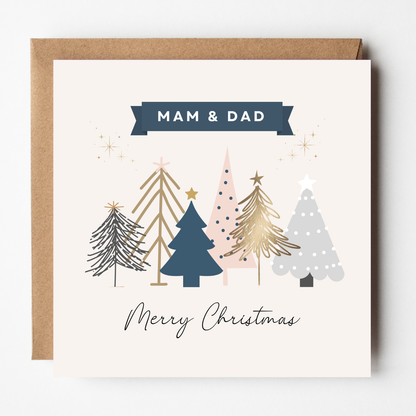 A mockup of the Christmas Grove card for Mam & Dad, shown with brown Kraft envelope.