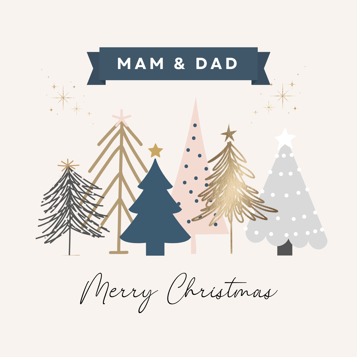 The Christmas card design: "Mama & Dad" banner over a row of minimal stylised Christmas trees in pastel blue, pink and gold.