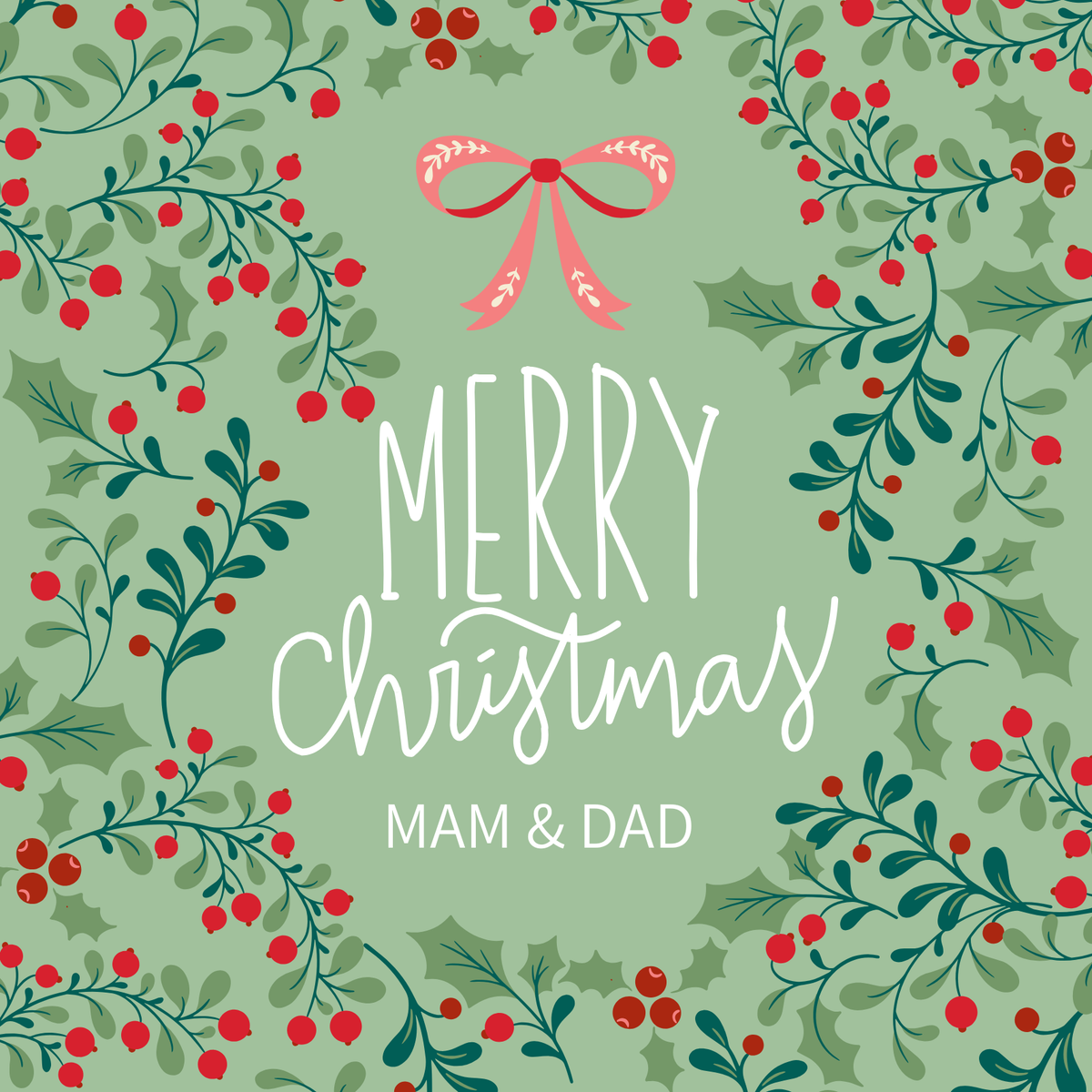 The card design: soft green pattern of Christmas foliage, text reads: "Merry Christmas Mam & Dad"