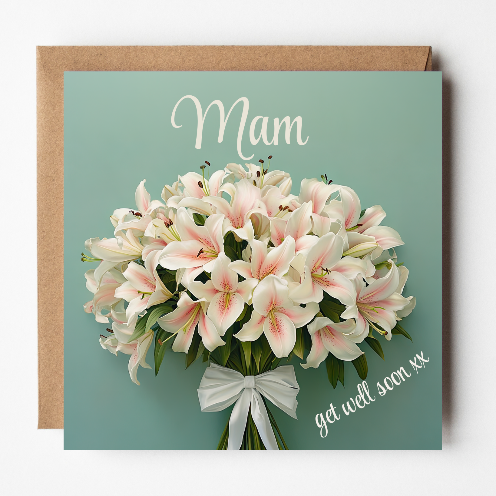 A mockup of the Mam Get Well Soon card, shown with brown Kraft envelope.