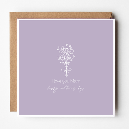 A mockup of the Mam Mother's Day card from daughter, shown with brown Kraft envelope.