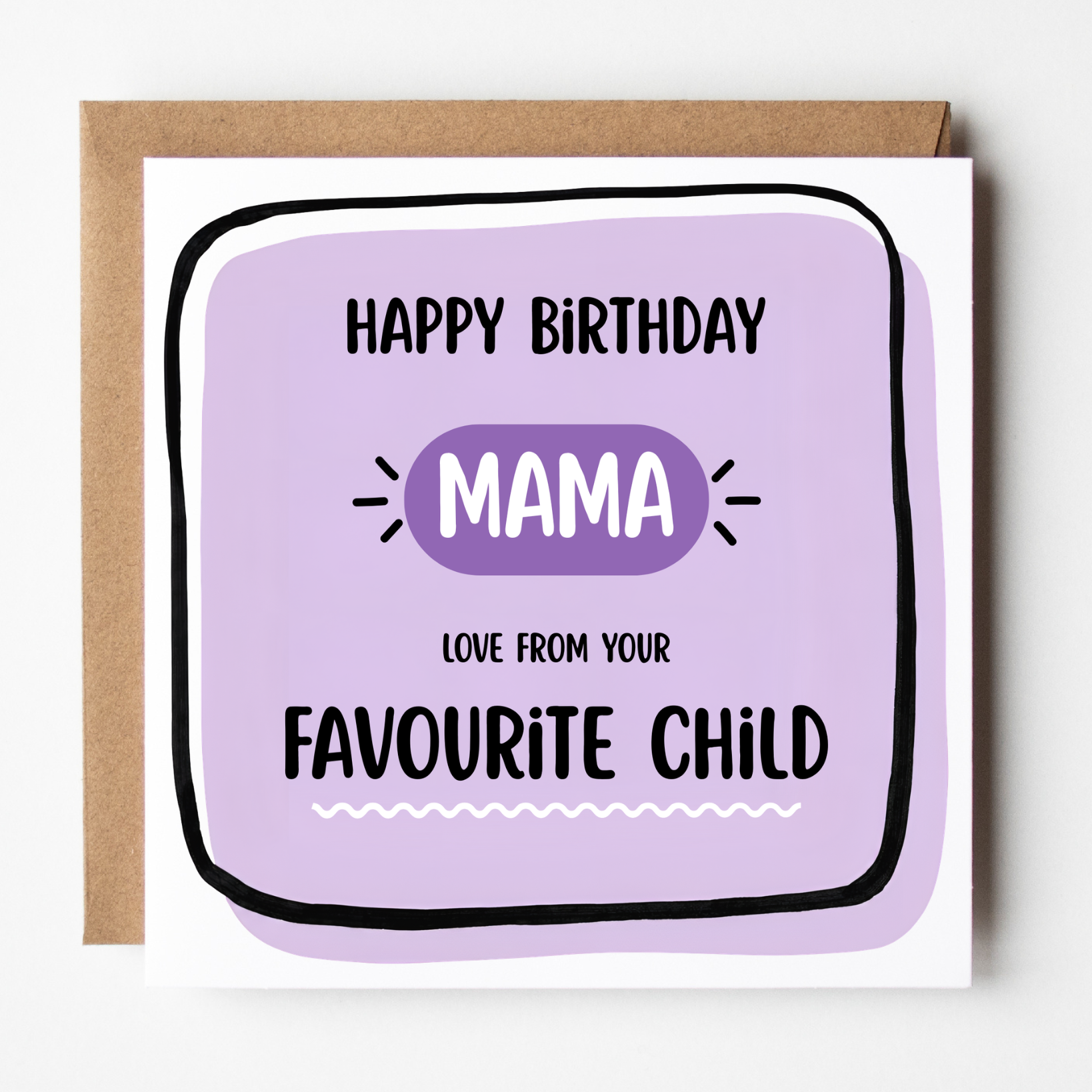 A mockup of the "Favourite Child" birthday card for Mama, shown with brown Kraft envelope.