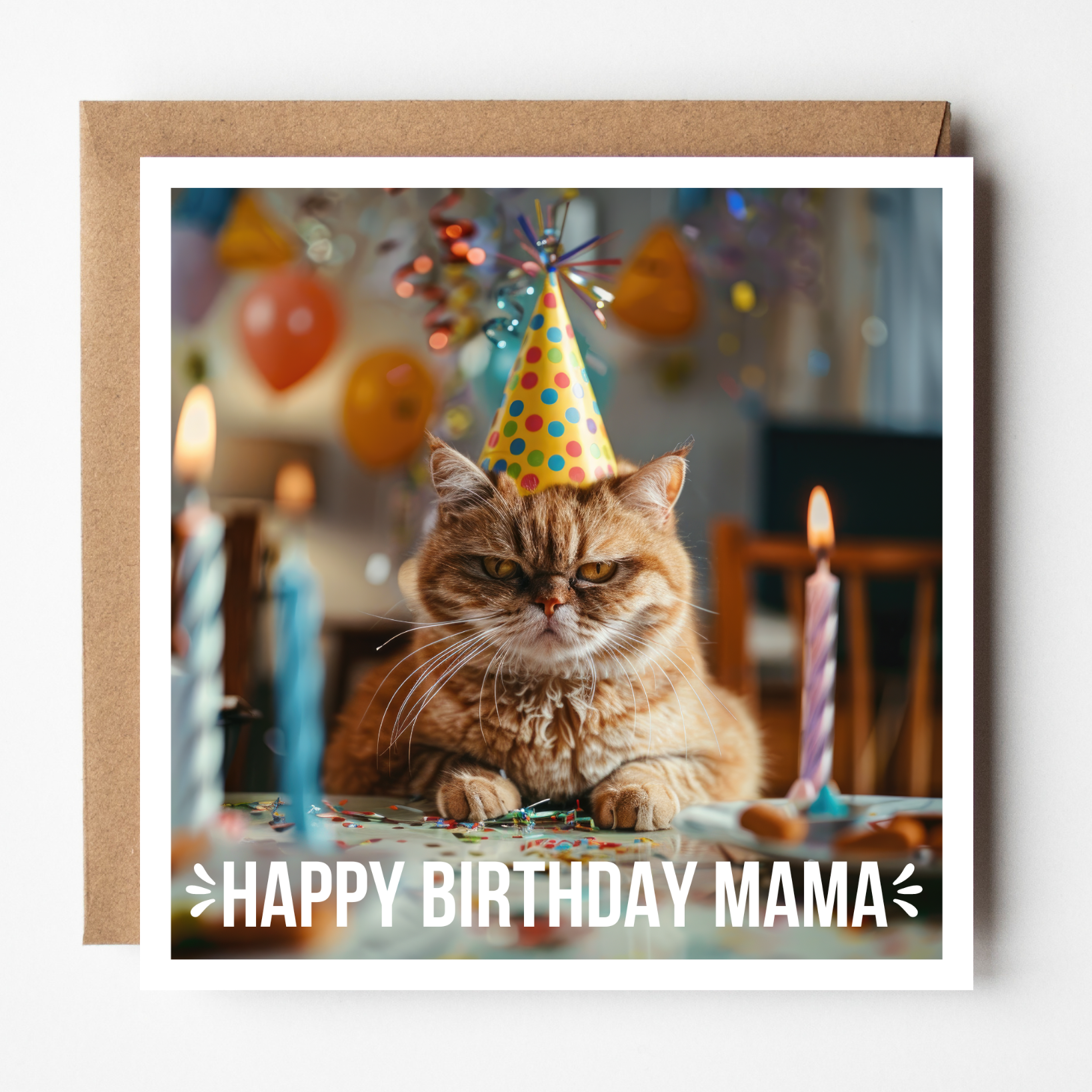 Grumpy cat wearing a party hat with birthday candles and balloons in the background, on a card with 'Happy Birthday Mama' text.
