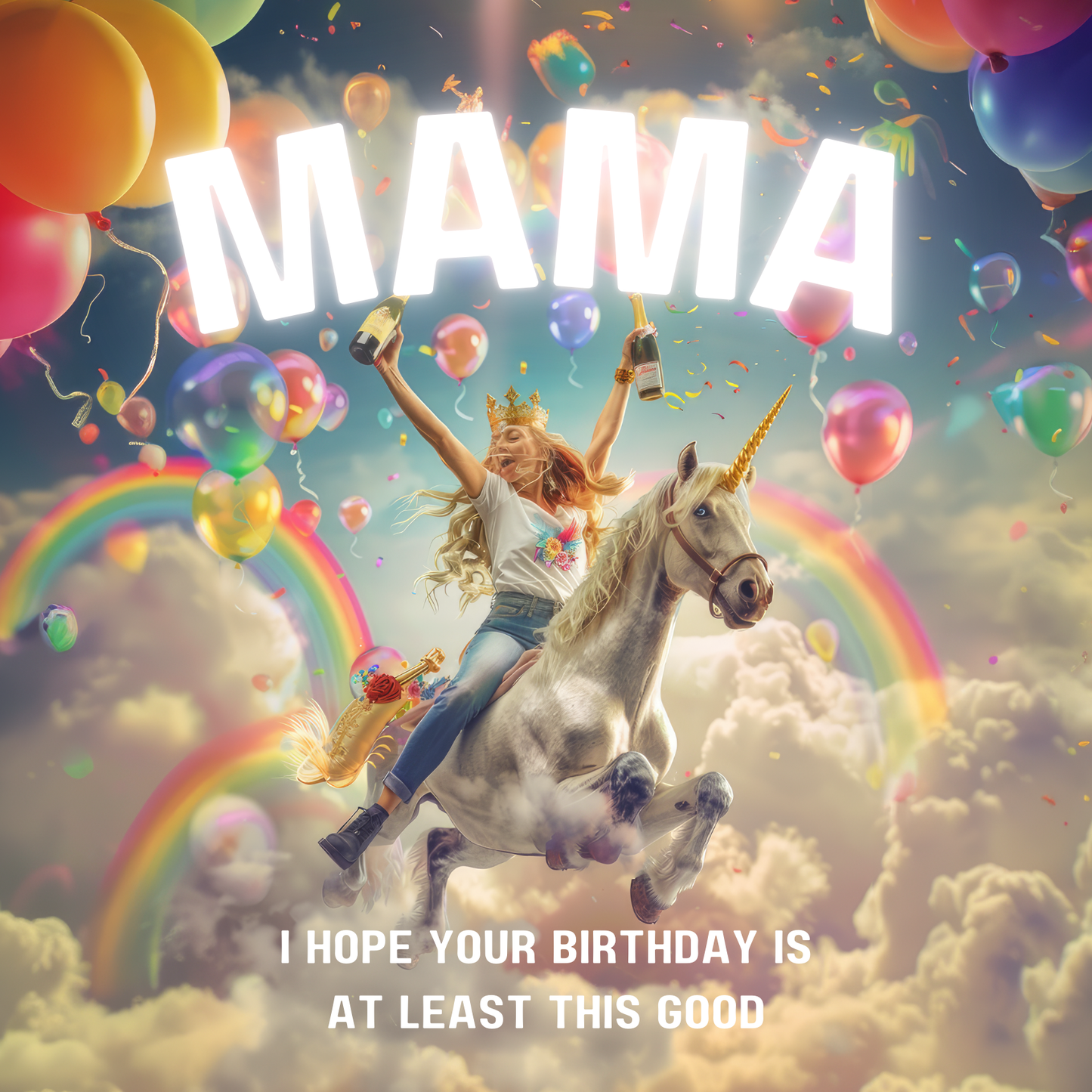 Woman clutching champagne joyously riding a unicorn through rainbows and colourful balloons. Text reads "Mama I hope your birthday is at least this good".