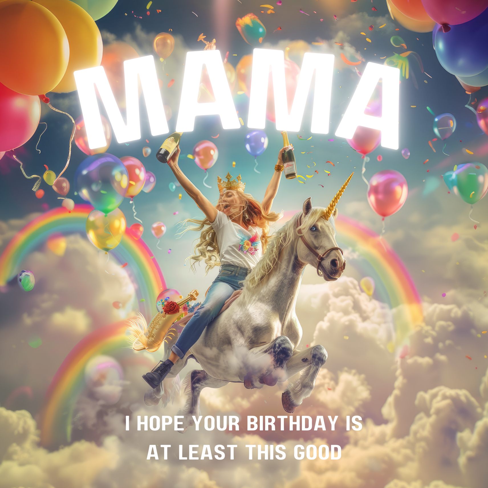 Woman clutching champagne joyously riding a unicorn through rainbows and colourful balloons. Text reads "Mama I hope your birthday is at least this good".