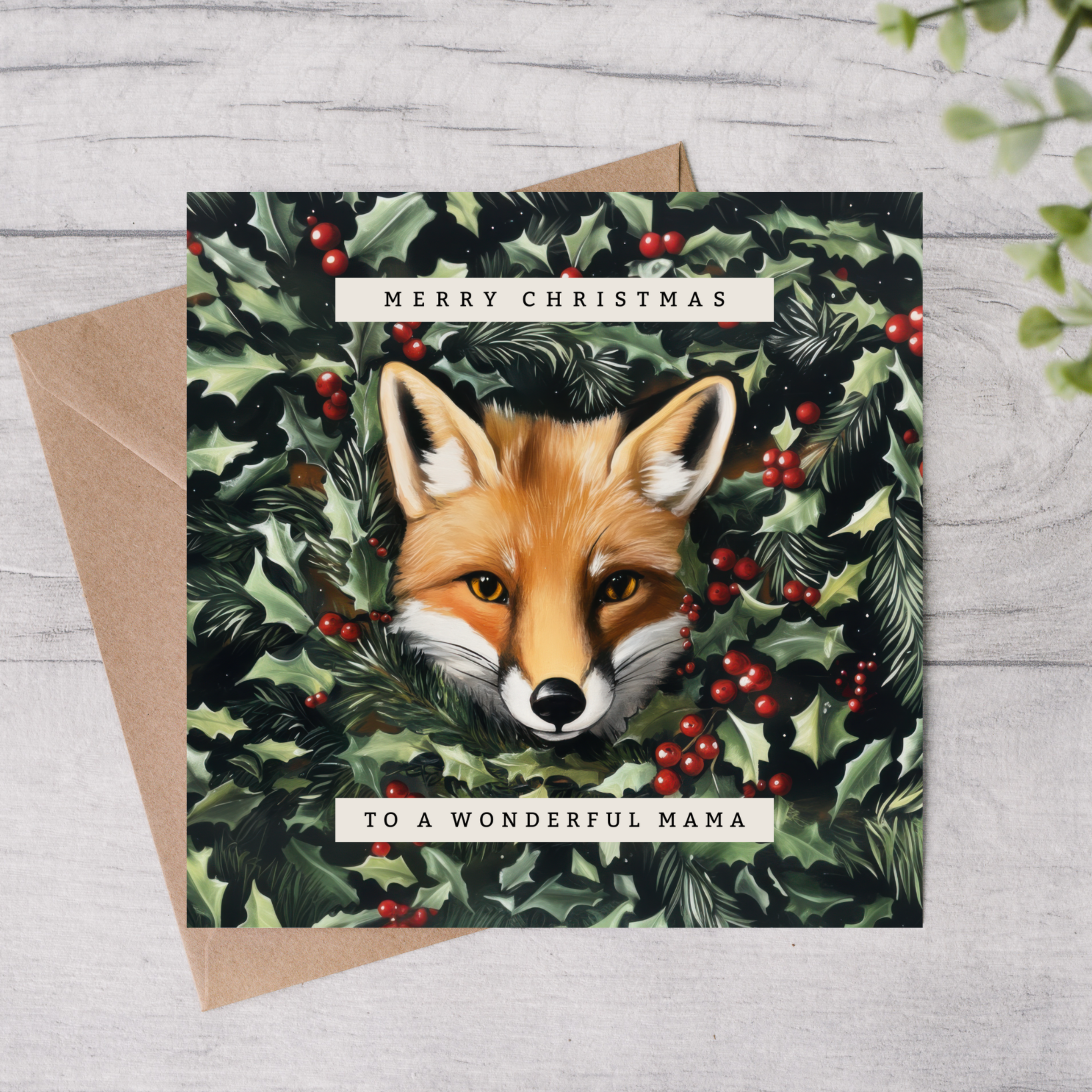 The design: lifelike painting of a red fox peering out through winter foliage. Text reads: Merry Christmas to a wonderful Mama.