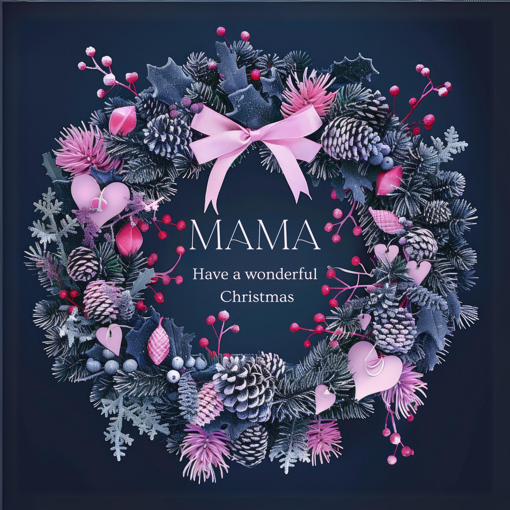 The design: A frosty wreath of winter foliage and pink hearts on midnight blue. Text reads: Mama have a wonderful Christmas.