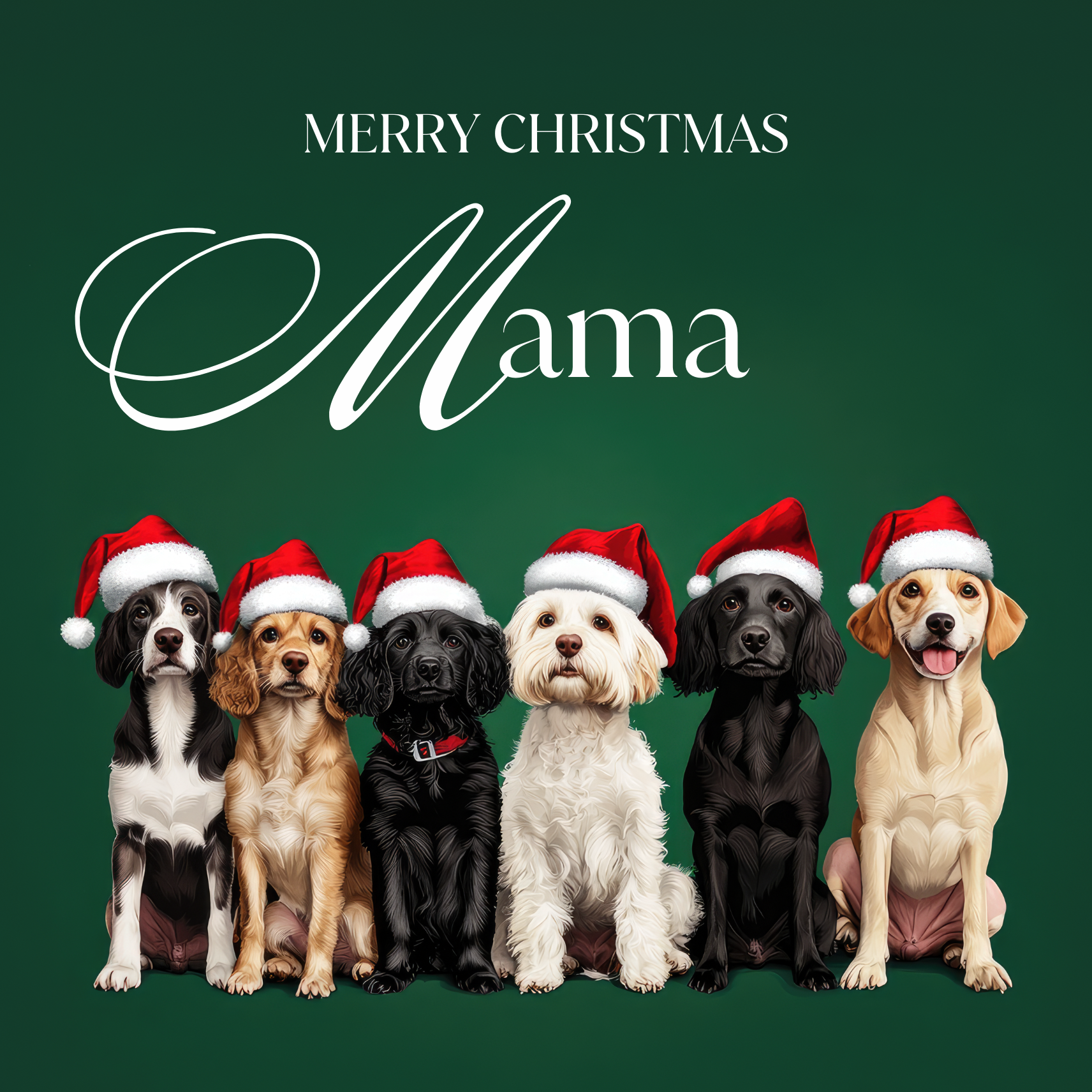The card design: a row of cute dogs wearing Santa hats, on dark green background. Text reads: "Merry Christmas Mama".
