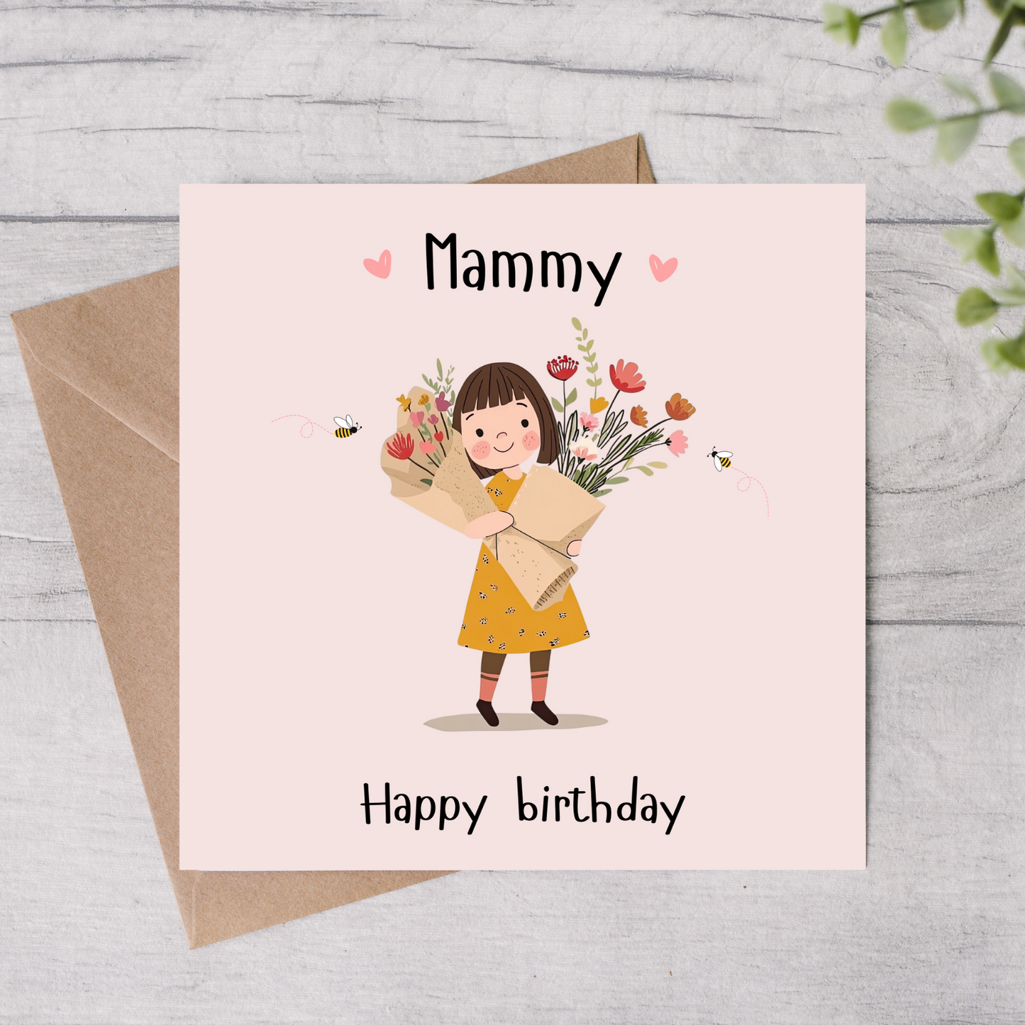 The design: young girl carrying bouquet of flowers. Text reads: "Mammy happy birthday".