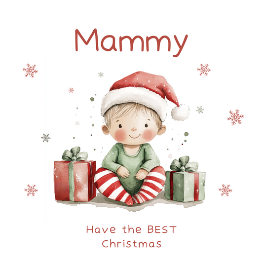 The design: cute watercolour baby elf in green and red. Text reads: "Mammy - have the BEST Christmas".