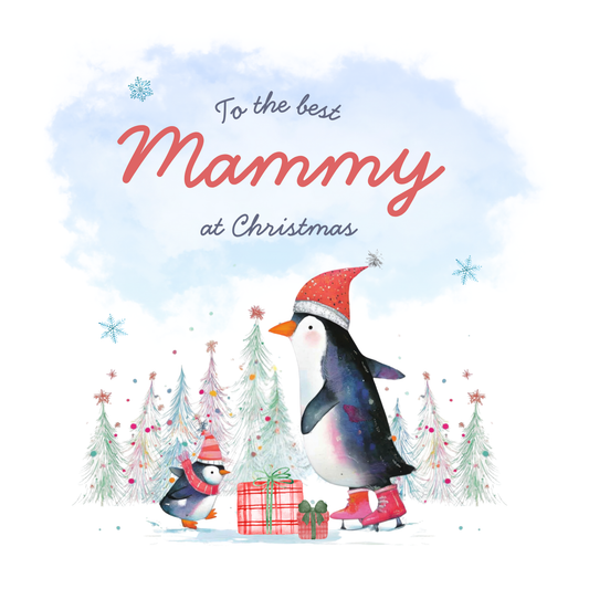 The card design: Mammy penguin and little penguin skating in a snowy Christmas scene.