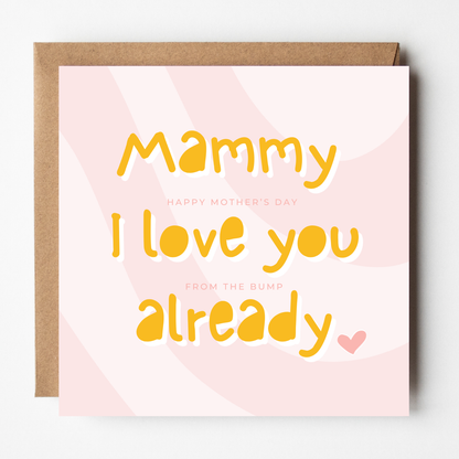 A mockup of the Mammy Mother's Day Card From Bump card, shown with brown Kraft envelope.