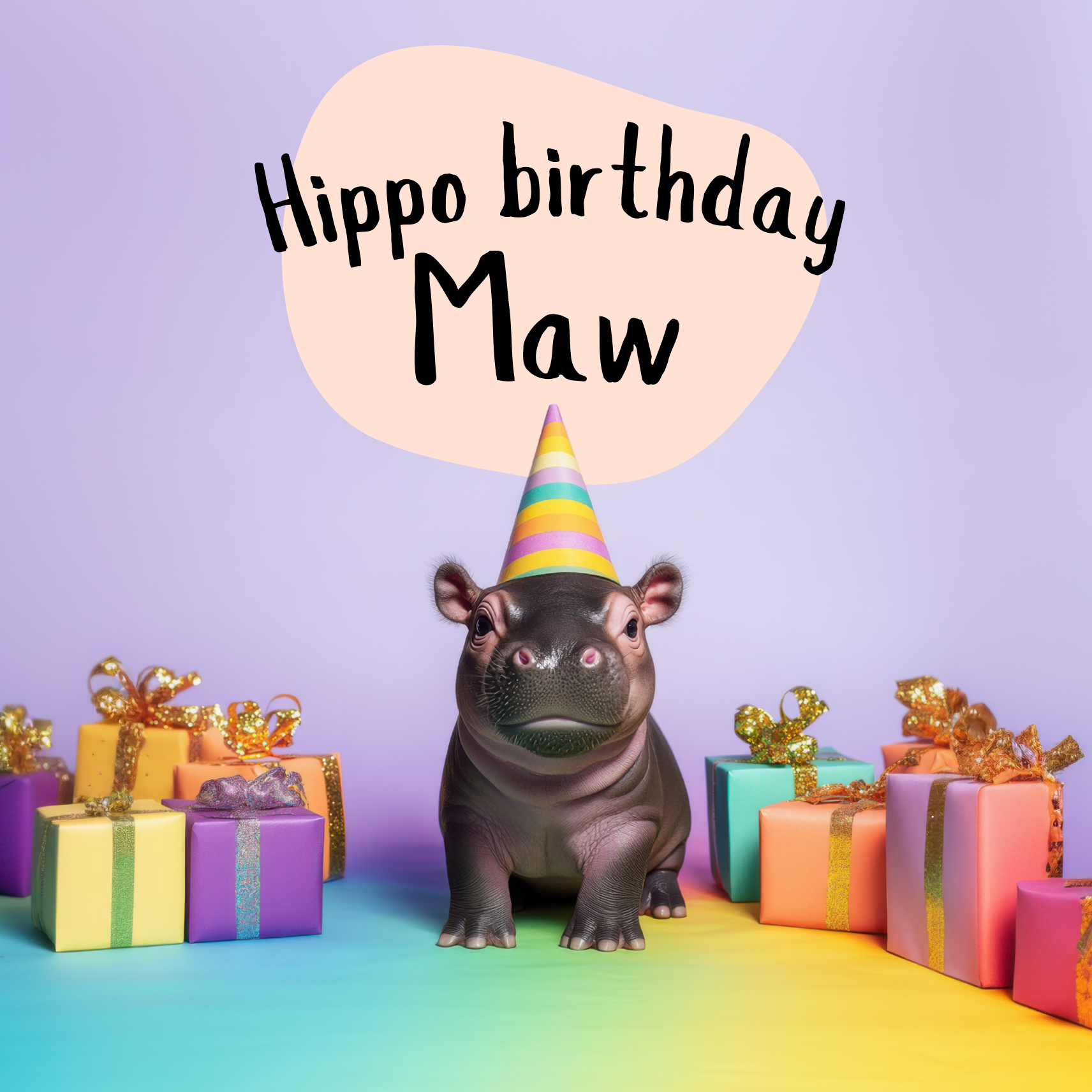 The design: Baby hippo at rainbow party.  Text reads: Hippo birthday Maw
