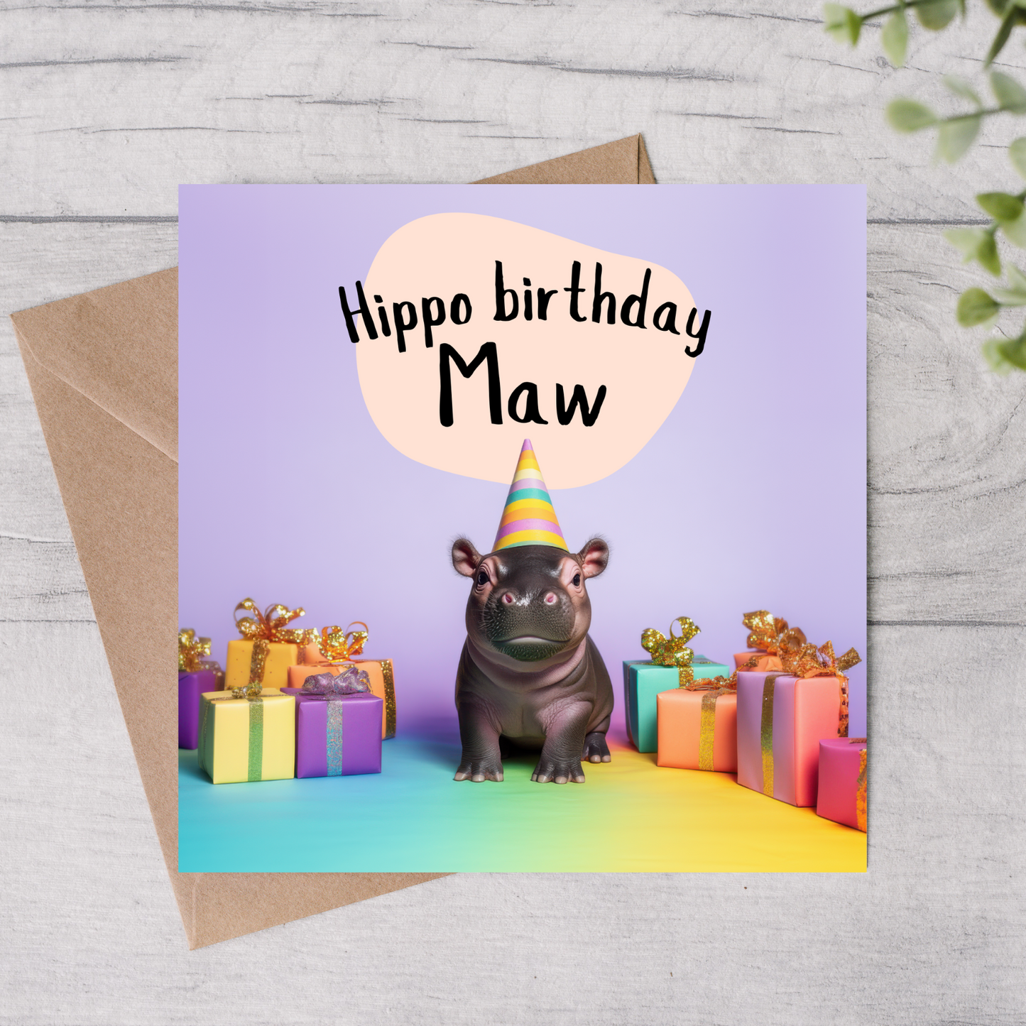 The design: Baby hippo at rainbow party.  Text reads: Hippo birthday Maw