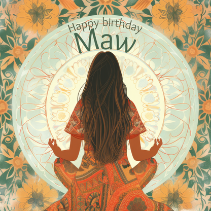 The design: Long dark haired lady meditates within mandala design. Text reads: "Happy birthday Maw".