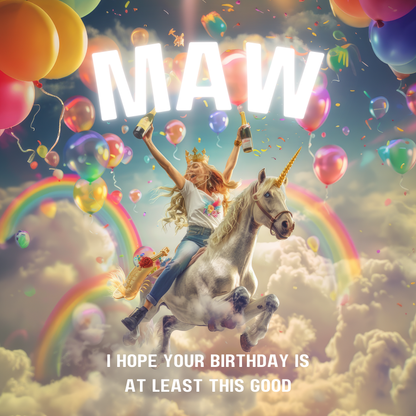 Woman clutching champagne joyously riding a unicorn through rainbows and colourful balloons. Text reads "Maw I hope your birthday is at least this good".