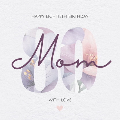 The card design: a large number 80 filled with a watercolour flower pattern. Text reads: 'Happy Eightieth Birthday Mom, With Love'.