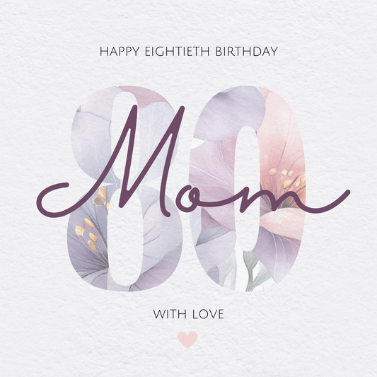 The card design: a large number 80 filled with a watercolour flower pattern. Text reads: 'Happy Eightieth Birthday Mom, With Love'.
