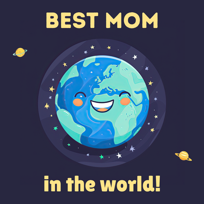 The design: cute smiling planet earth in space with stars and planets. Text reads: "Best Mom in the world!"