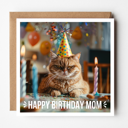 Grumpy cat wearing a party hat with birthday candles and balloons in the background, on a card with 'Happy Birthday Mom' text.