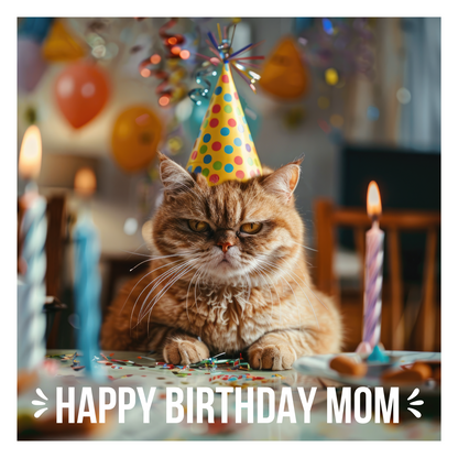 The design: grumpy ginger party cat stares straight at the camera, surrounded by party decor. Text reads: Happy birthday Mom.