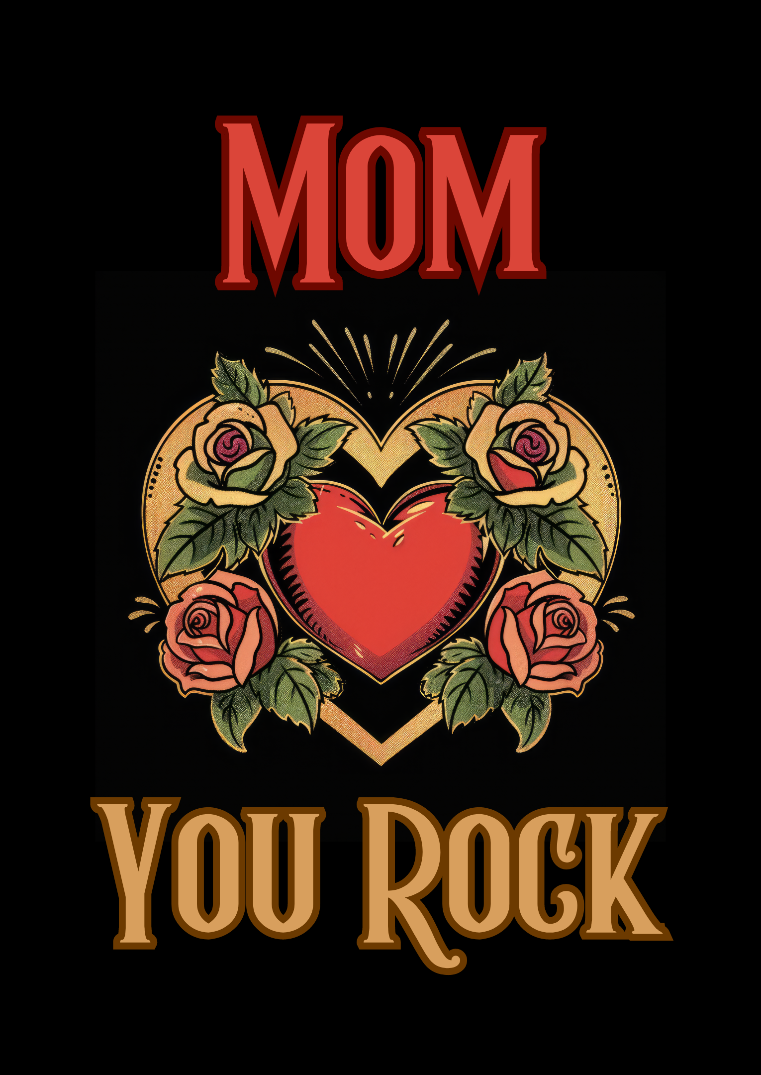 The design: red and gold tattoo-style heart and roses on black background. Text reads: "Mom, You Rock"