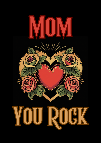 The design: red and gold tattoo-style heart and roses on black background. Text reads: "Mom, You Rock"