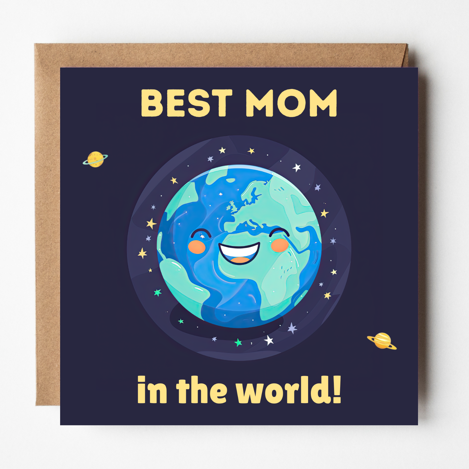 Greeting card with a cute cartoon Earth character and 'Best Mom in the world!' text on a dark blue background.