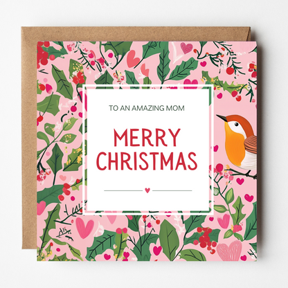 Mom Christmas Card - Holly & Hearts
