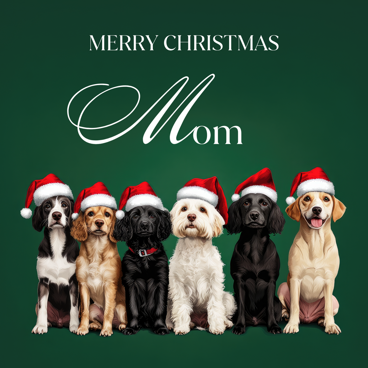 The card design: a row of cute dogs wearing Santa hats, on dark green background. Text reads: "Merry Christmas Mom".